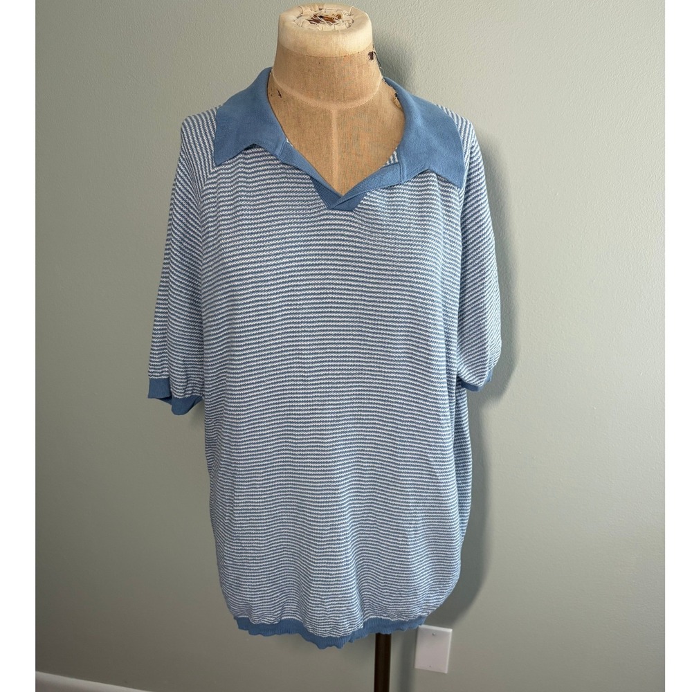 Weatherproof Vintage Mens XL Blue White Striped Cotton Knit Polo Shirt Preppy